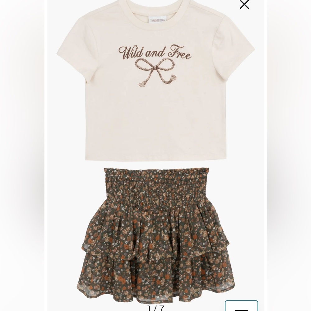 Tiered Floral Mini Skirt in Olive with Rust and Cream Flowers